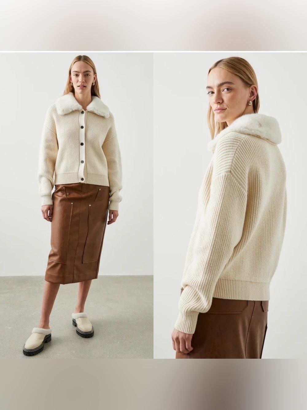 Rails Esme Fur Collar Ribbed Knit Cardigan Size S